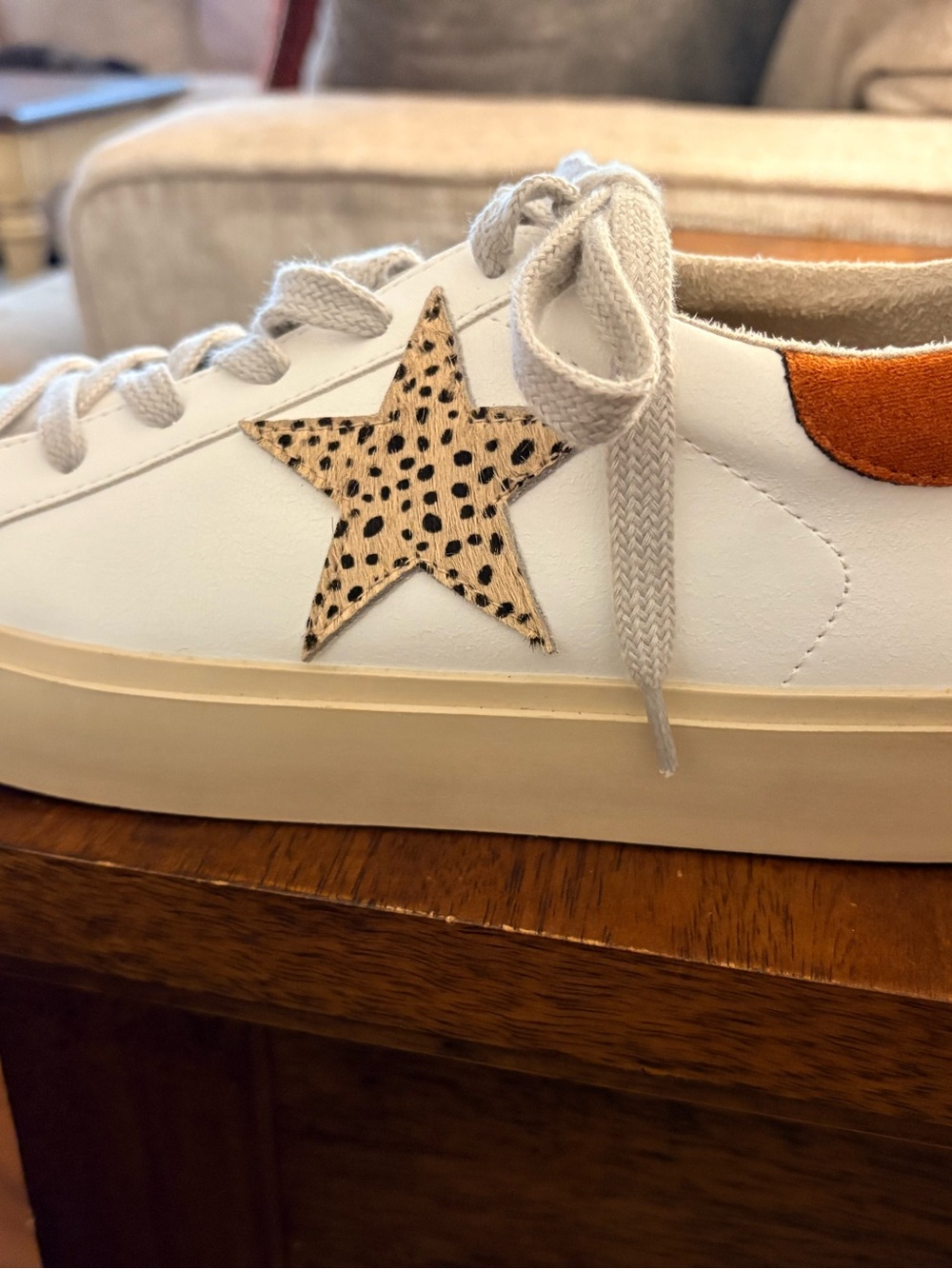White Leather Women’s Sneaker with Leopard Star Accent